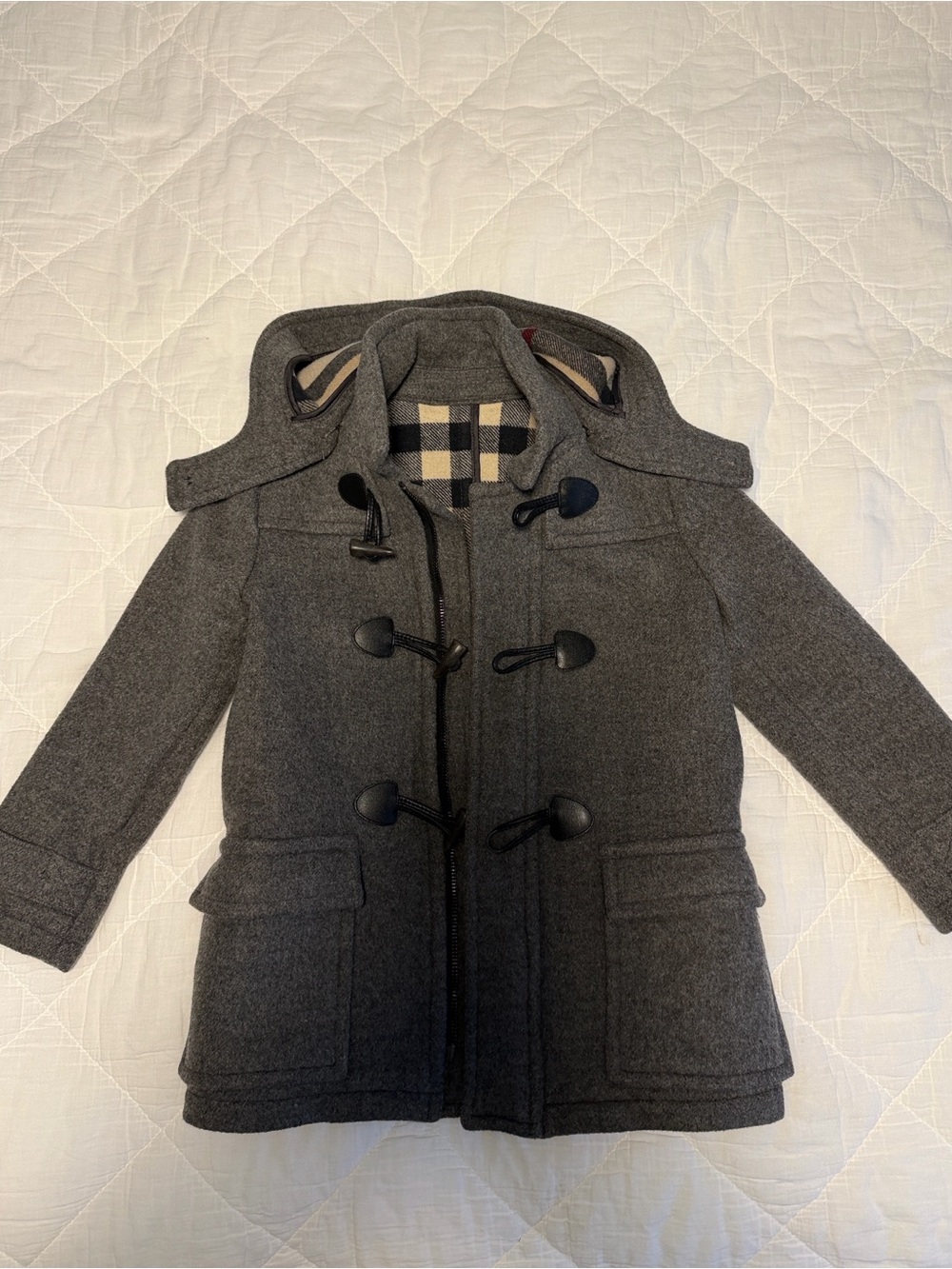 Burberry Charcoal Kids' Wool Pea Coat with Signature Plaid Trim